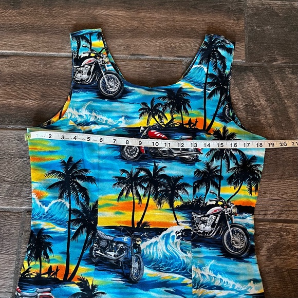 K Y’s made in Hawaii bright cotton sheath dress with palm trees & motorcycles L - Picture 4 of 8